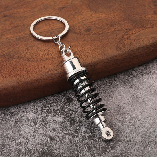 Picture of 1 Piece Punk Keychain & Keyring Silver Tone Car Tuning Part Spring Shock Absorber 12cm