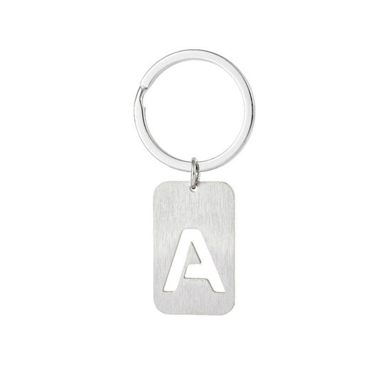 Picture of 1 Piece 201 Stainless Steel Graduation Keychain & Keyring Silver Tone Rectangle Initial Alphabet/ Capital Letter Message " A " Hollow Drawbench 6cm