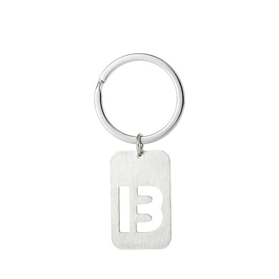 Picture of 1 Piece 201 Stainless Steel Graduation Keychain & Keyring Silver Tone Rectangle Initial Alphabet/ Capital Letter Message " B " Hollow Drawbench 6cm