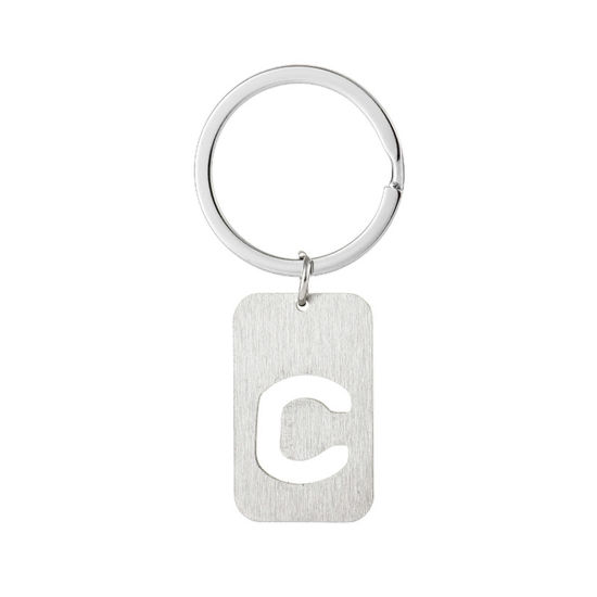 Picture of 1 Piece 201 Stainless Steel Graduation Keychain & Keyring Silver Tone Rectangle Initial Alphabet/ Capital Letter Message " C " Hollow Drawbench 6cm