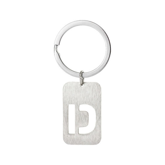 Picture of 1 Piece 201 Stainless Steel Graduation Keychain & Keyring Silver Tone Rectangle Initial Alphabet/ Capital Letter Message " D " Hollow Drawbench 6cm