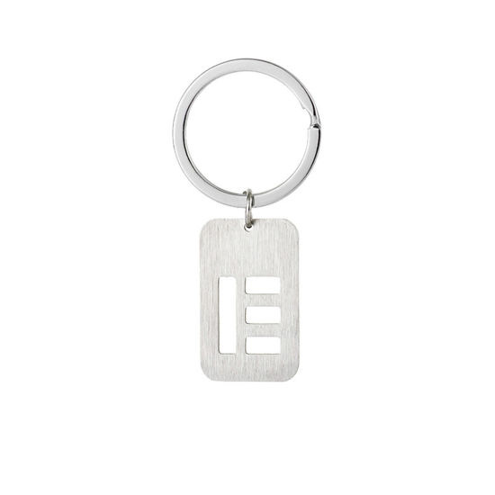 Picture of 1 Piece 201 Stainless Steel Graduation Keychain & Keyring Silver Tone Rectangle Initial Alphabet/ Capital Letter Message " E " Hollow Drawbench 6cm