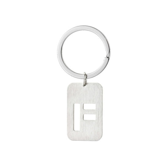 Picture of 1 Piece 201 Stainless Steel Graduation Keychain & Keyring Silver Tone Rectangle Initial Alphabet/ Capital Letter Message " F " Hollow Drawbench 6cm
