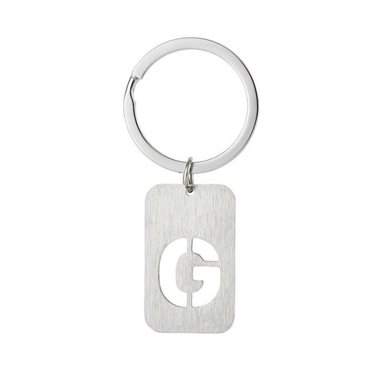 Picture of 1 Piece 201 Stainless Steel Graduation Keychain & Keyring Silver Tone Rectangle Initial Alphabet/ Capital Letter Message " G " Hollow Drawbench 6cm
