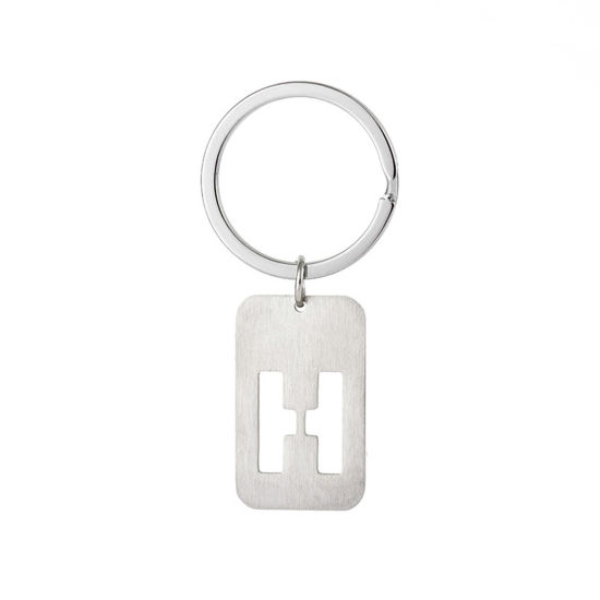 Picture of 1 Piece 201 Stainless Steel Graduation Keychain & Keyring Silver Tone Rectangle Initial Alphabet/ Capital Letter Message " H " Hollow Drawbench 6cm