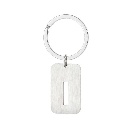Picture of 1 Piece 201 Stainless Steel Graduation Keychain & Keyring Silver Tone Rectangle Initial Alphabet/ Capital Letter Message " I " Hollow Drawbench 6cm