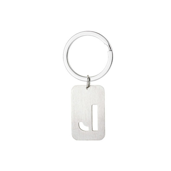 Picture of 1 Piece 201 Stainless Steel Graduation Keychain & Keyring Silver Tone Rectangle Initial Alphabet/ Capital Letter Message " J " Hollow Drawbench 6cm