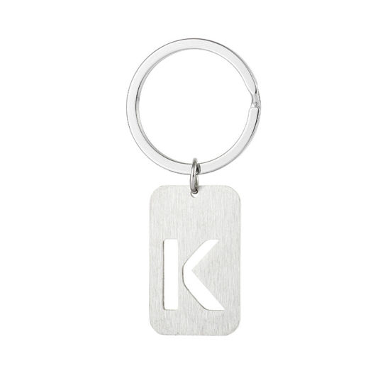 Picture of 1 Piece 201 Stainless Steel Graduation Keychain & Keyring Silver Tone Rectangle Initial Alphabet/ Capital Letter Message " K " Hollow Drawbench 6cm