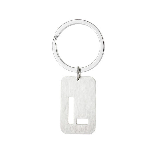Picture of 1 Piece 201 Stainless Steel Graduation Keychain & Keyring Silver Tone Rectangle Initial Alphabet/ Capital Letter Message " L " Hollow Drawbench 6cm