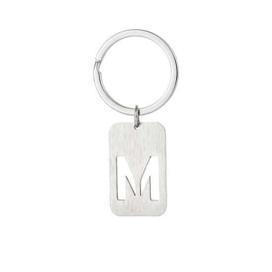 Picture of 1 Piece 201 Stainless Steel Graduation Keychain & Keyring Silver Tone Rectangle Initial Alphabet/ Capital Letter Message " M " Hollow Drawbench 6cm