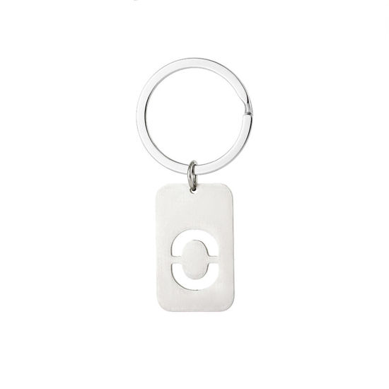 Picture of 1 Piece 201 Stainless Steel Graduation Keychain & Keyring Silver Tone Rectangle Initial Alphabet/ Capital Letter Message " O " Hollow Drawbench 6cm