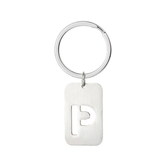Picture of 1 Piece 201 Stainless Steel Graduation Keychain & Keyring Silver Tone Rectangle Initial Alphabet/ Capital Letter Message " P " Hollow Drawbench 6cm