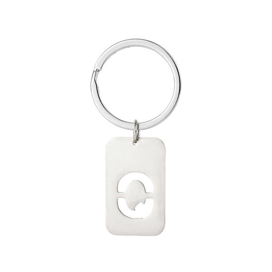 Picture of 1 Piece 201 Stainless Steel Graduation Keychain & Keyring Silver Tone Rectangle Initial Alphabet/ Capital Letter Message " Q " Hollow Drawbench 6cm