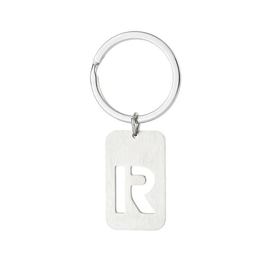 Picture of 1 Piece 201 Stainless Steel Graduation Keychain & Keyring Silver Tone Rectangle Initial Alphabet/ Capital Letter Message " R " Hollow Drawbench 6cm