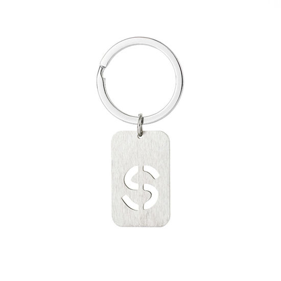 Picture of 1 Piece 201 Stainless Steel Graduation Keychain & Keyring Silver Tone Rectangle Initial Alphabet/ Capital Letter Message " S " Hollow Drawbench 6cm
