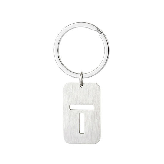 Picture of 1 Piece 201 Stainless Steel Graduation Keychain & Keyring Silver Tone Rectangle Initial Alphabet/ Capital Letter Message " T " Hollow Drawbench 6cm