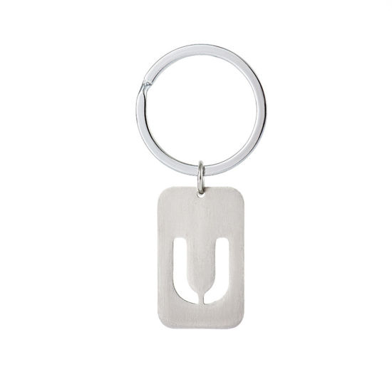 Picture of 1 Piece 201 Stainless Steel Graduation Keychain & Keyring Silver Tone Rectangle Initial Alphabet/ Capital Letter Message " U " Hollow Drawbench 6cm