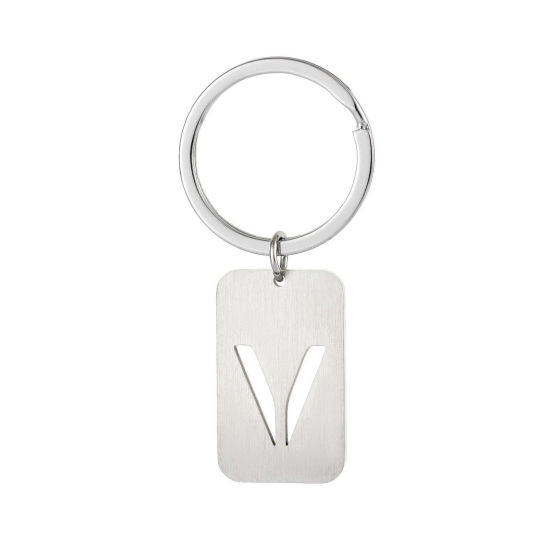Picture of 1 Piece 201 Stainless Steel Graduation Keychain & Keyring Silver Tone Rectangle Initial Alphabet/ Capital Letter Message " V " Hollow Drawbench 6cm