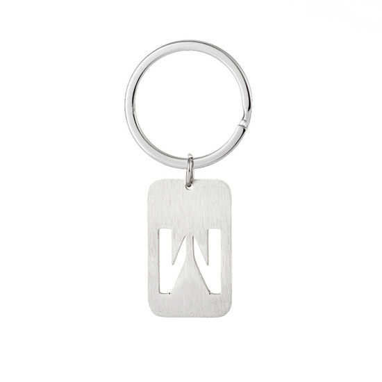 Picture of 1 Piece 201 Stainless Steel Graduation Keychain & Keyring Silver Tone Rectangle Initial Alphabet/ Capital Letter Message " W " Hollow Drawbench 6cm