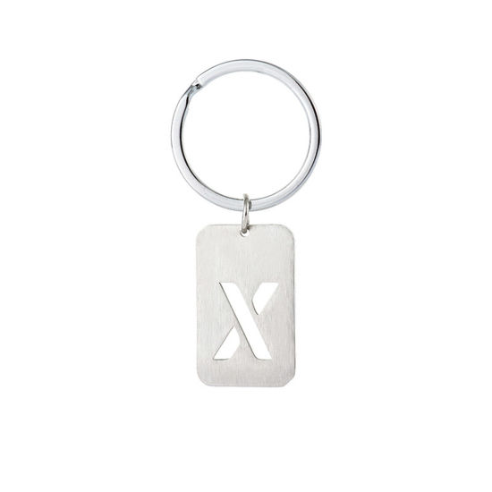 Picture of 1 Piece 201 Stainless Steel Graduation Keychain & Keyring Silver Tone Rectangle Initial Alphabet/ Capital Letter Message " X " Hollow Drawbench 6cm