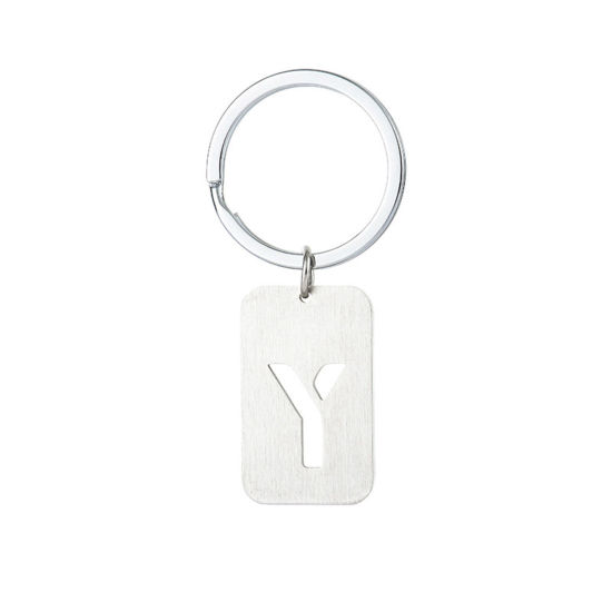 Picture of 1 Piece 201 Stainless Steel Graduation Keychain & Keyring Silver Tone Rectangle Initial Alphabet/ Capital Letter Message " Y " Hollow Drawbench 6cm