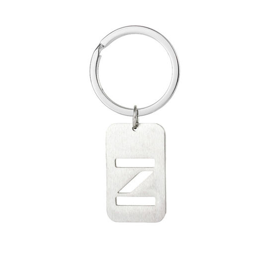 Picture of 1 Piece 201 Stainless Steel Graduation Keychain & Keyring Silver Tone Rectangle Initial Alphabet/ Capital Letter Message " Z " Hollow Drawbench 6cm