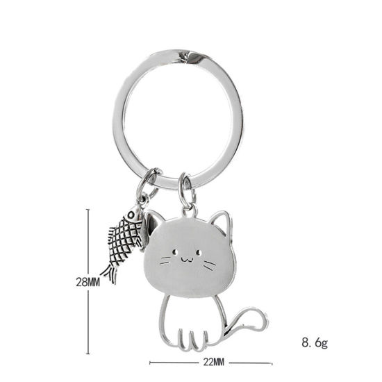 Picture of 1 Piece 201 Stainless Steel Cute Keychain & Keyring Silver Tone & Antique Silver Color Cat Animal Fish 6cm