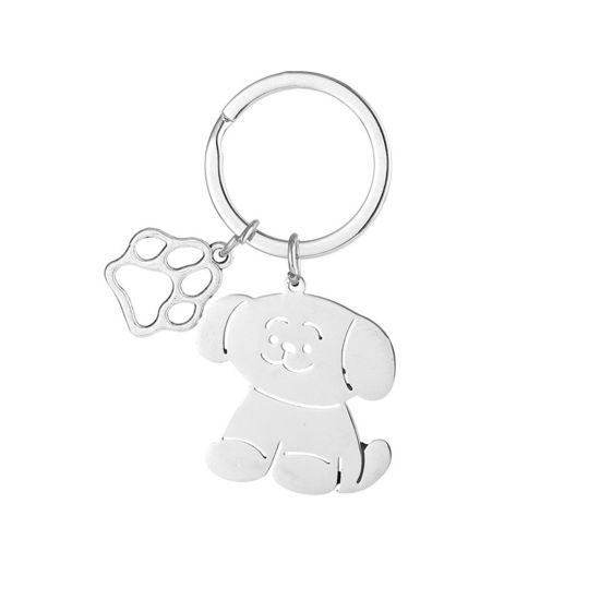 Picture of 1 Piece 201 Stainless Steel Cute Keychain & Keyring Silver Tone Dog Paw Claw Dog 7cm