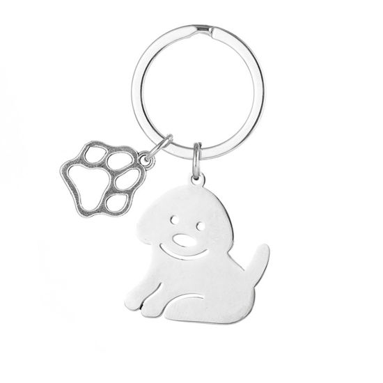 Picture of 1 Piece 201 Stainless Steel Cute Keychain & Keyring Silver Tone Dog Paw Claw Dog 7cm