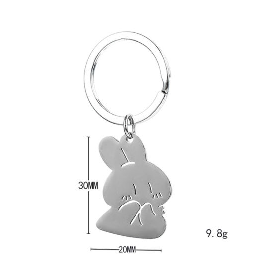 Picture of 1 Piece 201 Stainless Steel Cute Keychain & Keyring Silver Tone Rabbit Animal 6cm