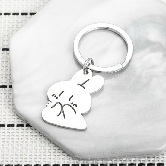 Picture of 1 Piece 201 Stainless Steel Cute Keychain & Keyring Silver Tone Rabbit Animal 6cm