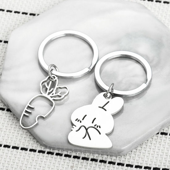 Picture of 1 Piece 201 Stainless Steel Cute Keychain & Keyring Silver Tone Carrot 6cm