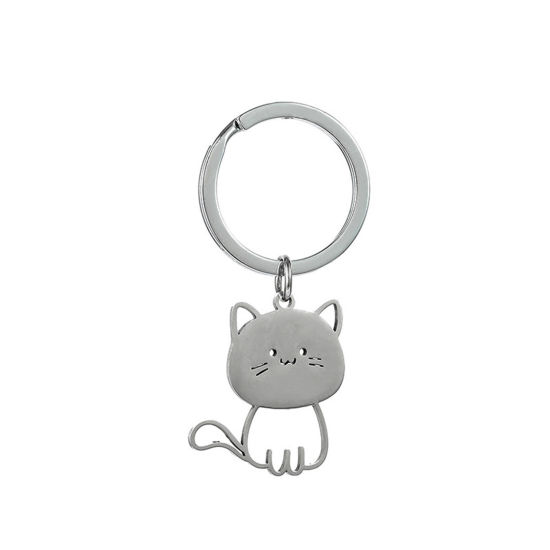 Picture of 1 Piece 201 Stainless Steel Cute Keychain & Keyring Silver Tone Cat Animal 6cm