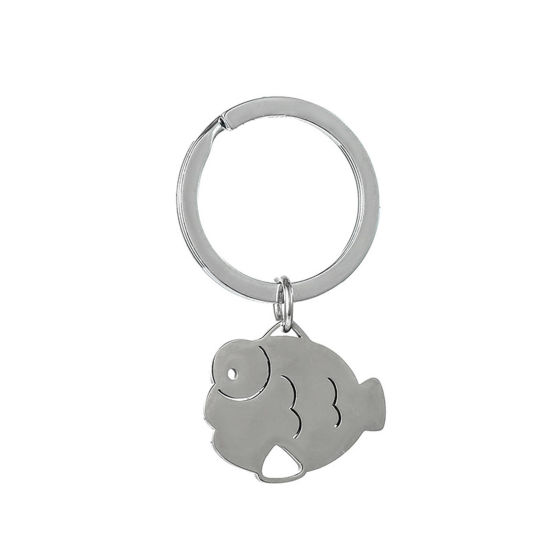 Picture of 1 Piece 201 Stainless Steel Cute Keychain & Keyring Silver Tone Fish Animal 5cm