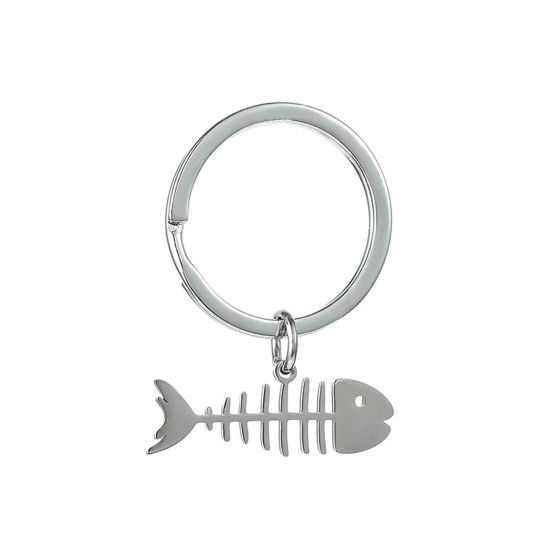 Picture of 1 Piece 201 Stainless Steel Cute Keychain & Keyring Silver Tone Fish Bone 4cm