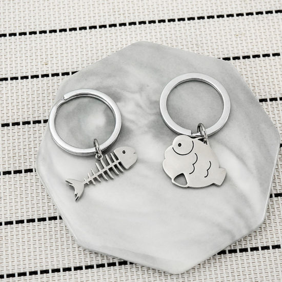 Picture of 1 Piece 201 Stainless Steel Cute Keychain & Keyring Silver Tone Fish Bone 4cm