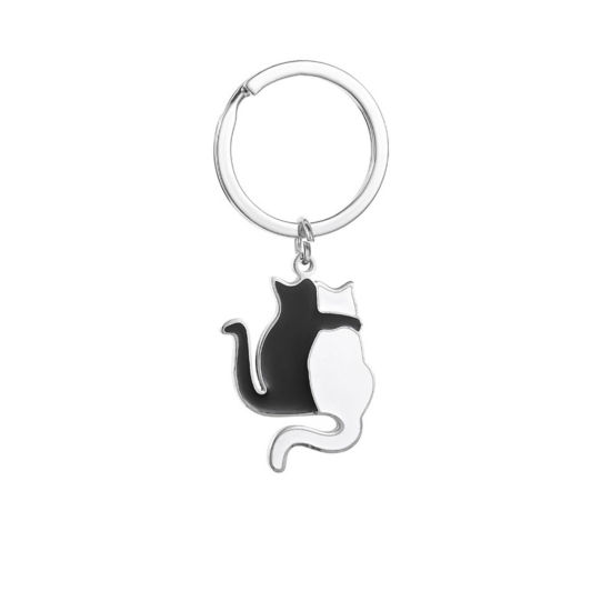 Picture of 1 Piece 201 Stainless Steel Cute Keychain & Keyring Silver Tone Black & White Cat Animal 6cm