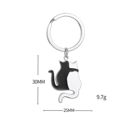 Picture of 1 Piece 201 Stainless Steel Cute Keychain & Keyring Silver Tone Black & White Cat Animal 6cm