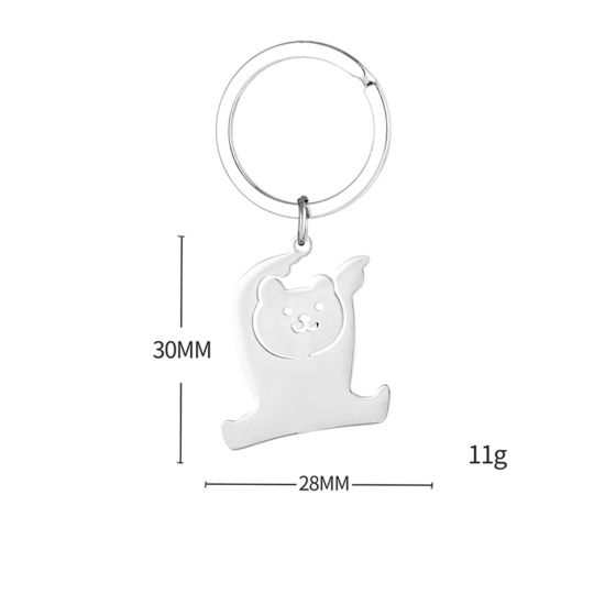 Picture of 1 Piece 201 Stainless Steel Cute Keychain & Keyring Silver Tone Bear Animal 6cm