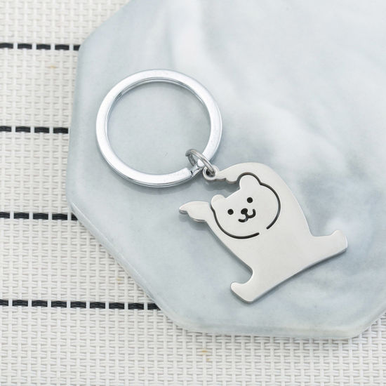 Picture of 1 Piece 201 Stainless Steel Cute Keychain & Keyring Silver Tone Bear Animal 6cm