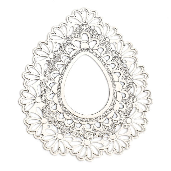 Image de 10 Pcs Pendentifs Estampe en Filigrane en Alliage de Fer Argent Mat Goutte d'Eau Fleurs Creux 4.3cm x 3.6cm