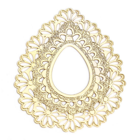 Image de 10 Pcs Pendentifs Estampe en Filigrane en Alliage de Fer Plaqué Or KC Goutte d'Eau Fleurs Creux 4.3cm x 3.6cm