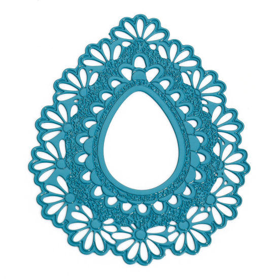 Image de 10 Pcs Pendentifs Estampe en Filigrane en Alliage de Fer Vert Paon Goutte d'Eau Fleurs Creux 4.3cm x 3.6cm