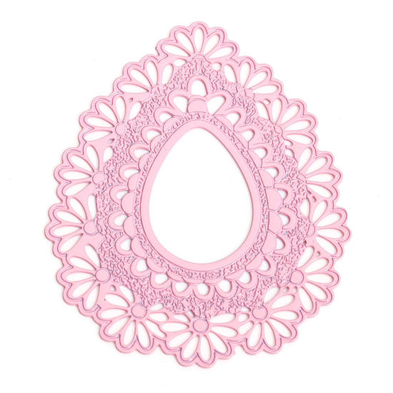 Image de 10 Pcs Pendentifs Estampe en Filigrane en Alliage de Fer Rose Goutte d'Eau Fleurs Creux 4.3cm x 3.6cm