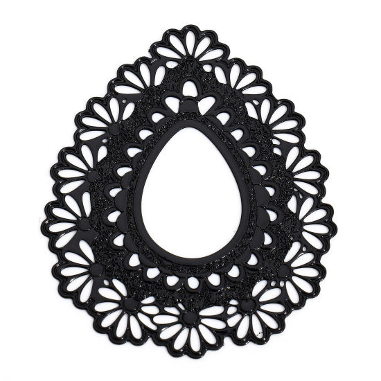 Image de 10 Pcs Pendentifs Estampe en Filigrane en Alliage de Fer Noir Goutte d'Eau Fleurs Creux 4.3cm x 3.6cm