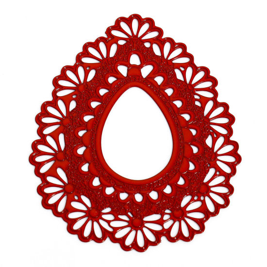 Image de 10 Pcs Pendentifs Estampe en Filigrane en Alliage de Fer Rouge Goutte d'Eau Fleurs Creux 4.3cm x 3.6cm