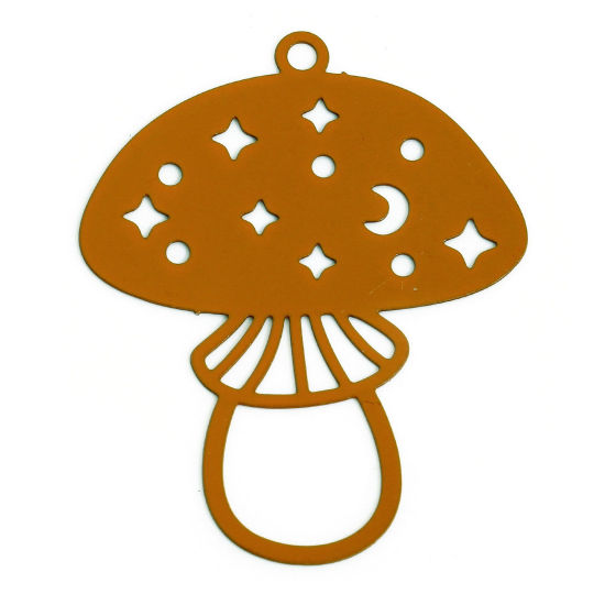 Picture of 20 PCs Iron Based Alloy Painted Filigree Stamping Pendants Dark Orange Mushroom Star Hollow 3.1cm x 2.5cm