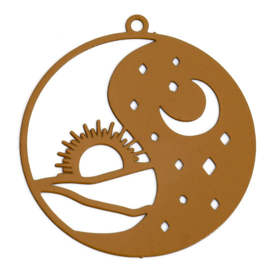 Image de 10 Pcs Pendentifs Estampe en Filigrane en Alliage de Fer Café Clair Soleil Lune Creux 3.1cm x 2.9cm