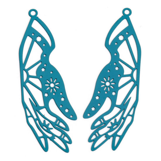 Immagine di 20 Pz Lega di Ferro Filigree Stamping Ciondoli Verde Pavone Mani Filigrana 4.5cm x 1.5cm