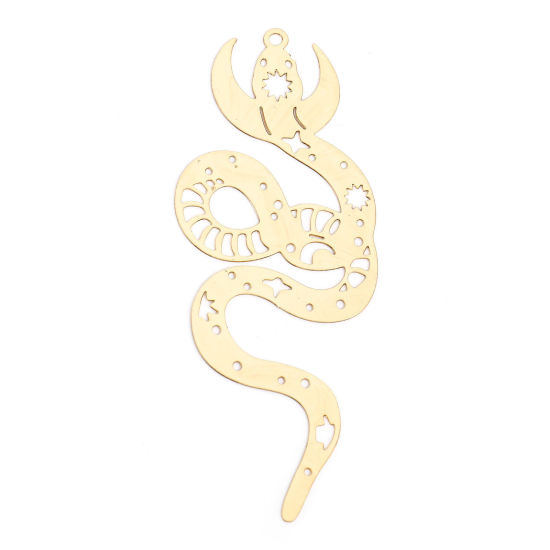 Picture of 5 PCs Iron Based Alloy Filigree Stamping Pendants KC Gold Plated Half Moon Snake Hollow 6.3cm x 2.4cm